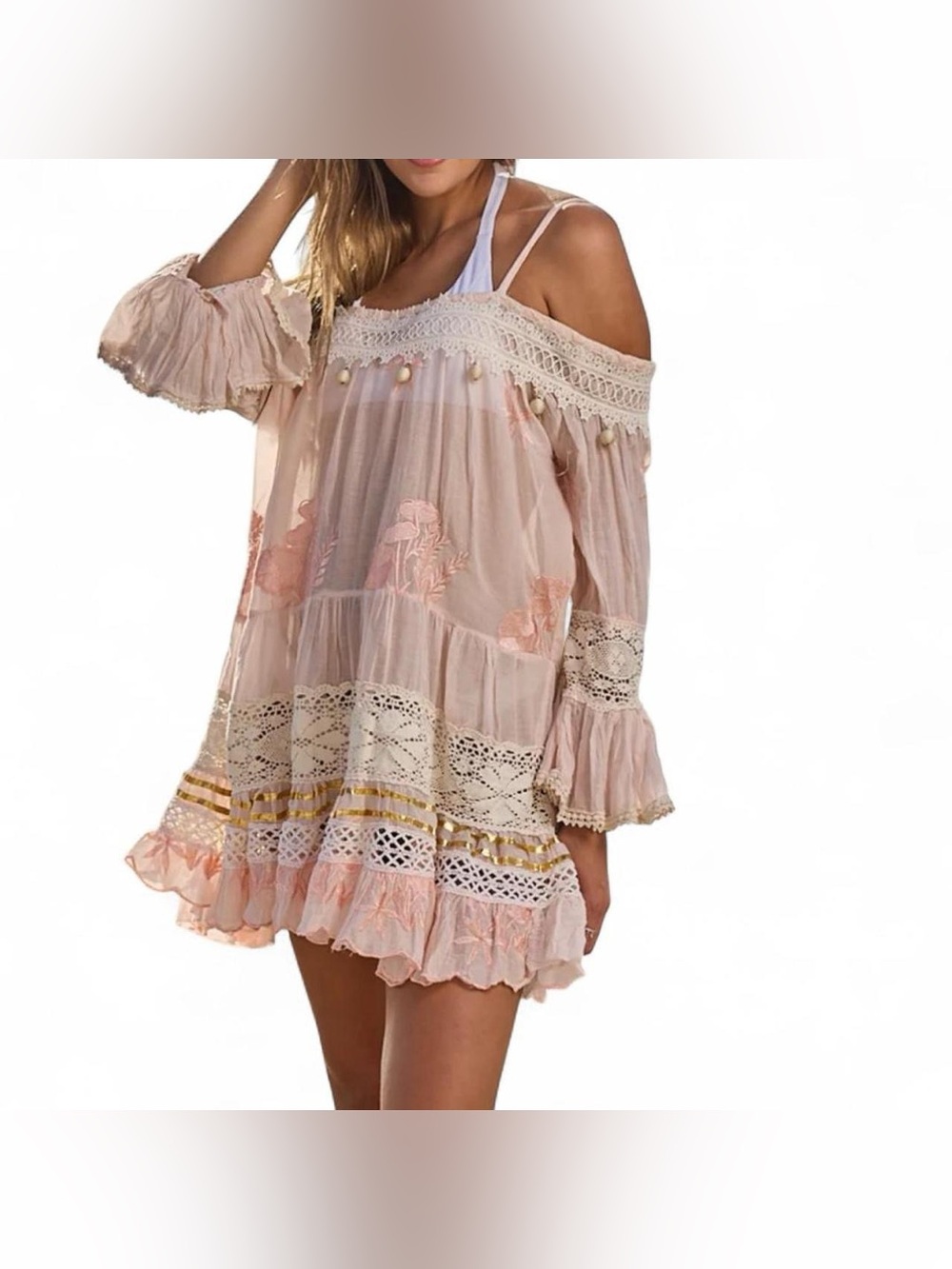 Ranees Miami pastel pink and white boho mini dress